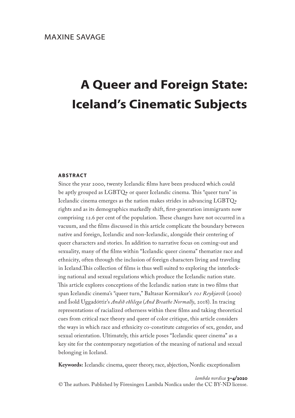 A Queer and Foreign State: Iceland’S Cinematic Subjects
