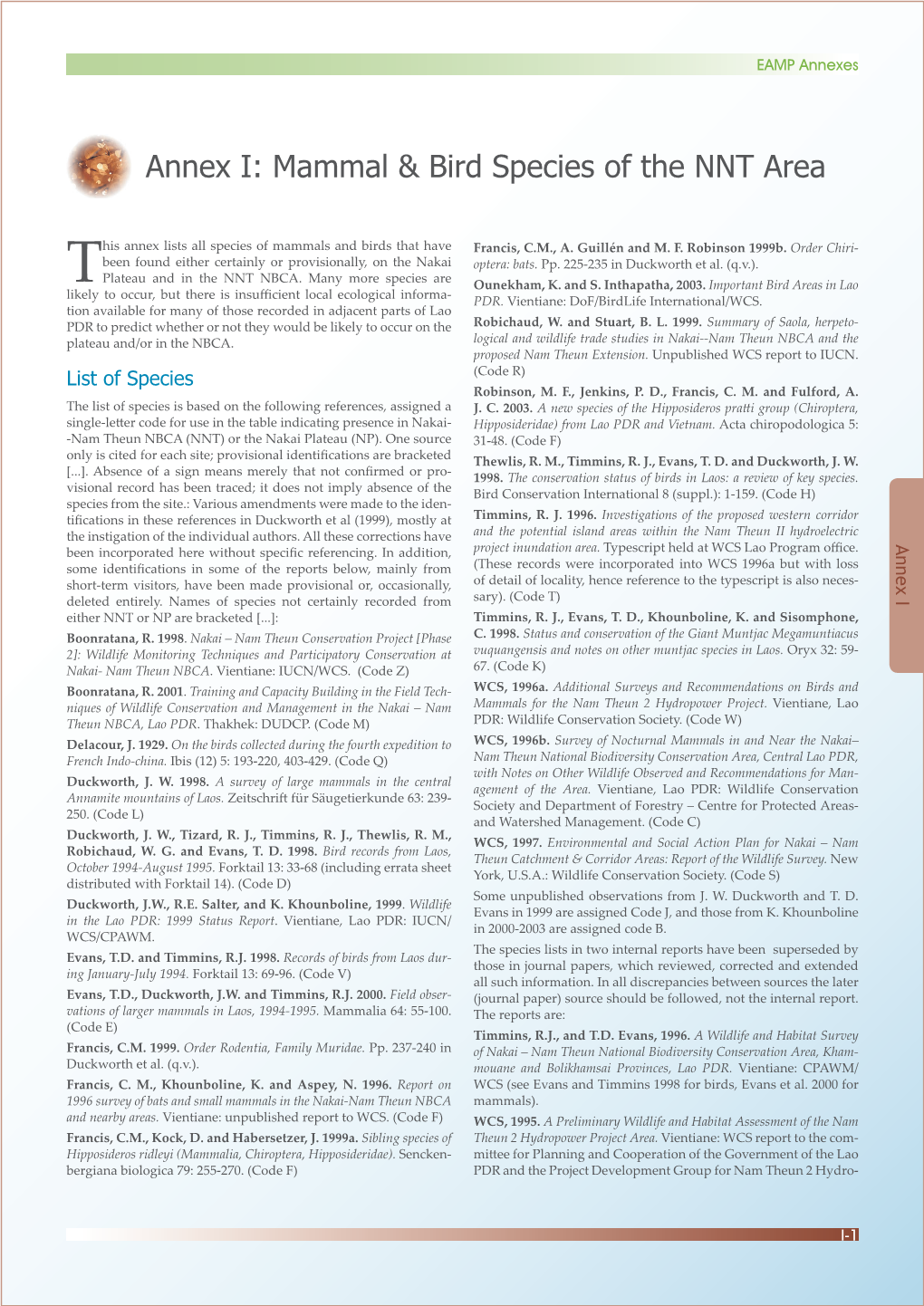 Annex I: Mammal & Bird Species of the NNT Area