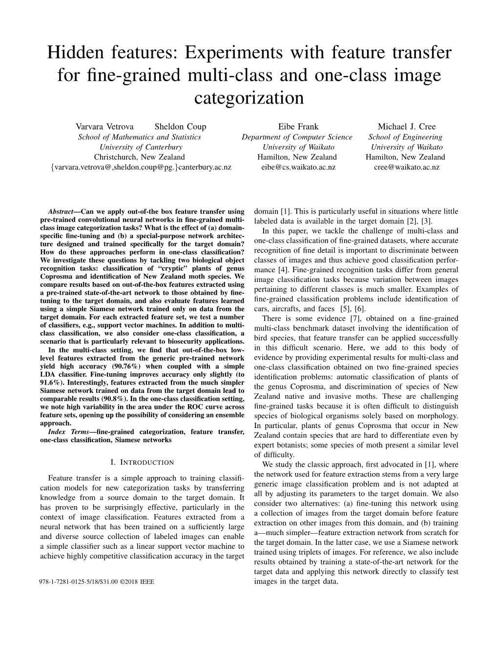 Experiments with Feature Transfer for Fine-Grained Multi-Class and One-Class Image Categorization