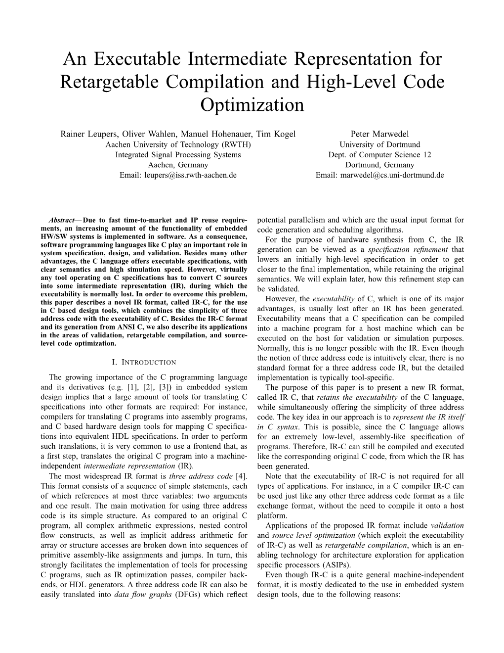 An Executable Intermediate Representation for Retargetable Compilation and High-Level Code Optimization