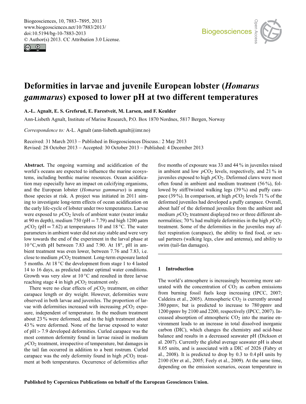 Homarus Gammarus) Exposed to Lower Ph at Two Different Temperatures