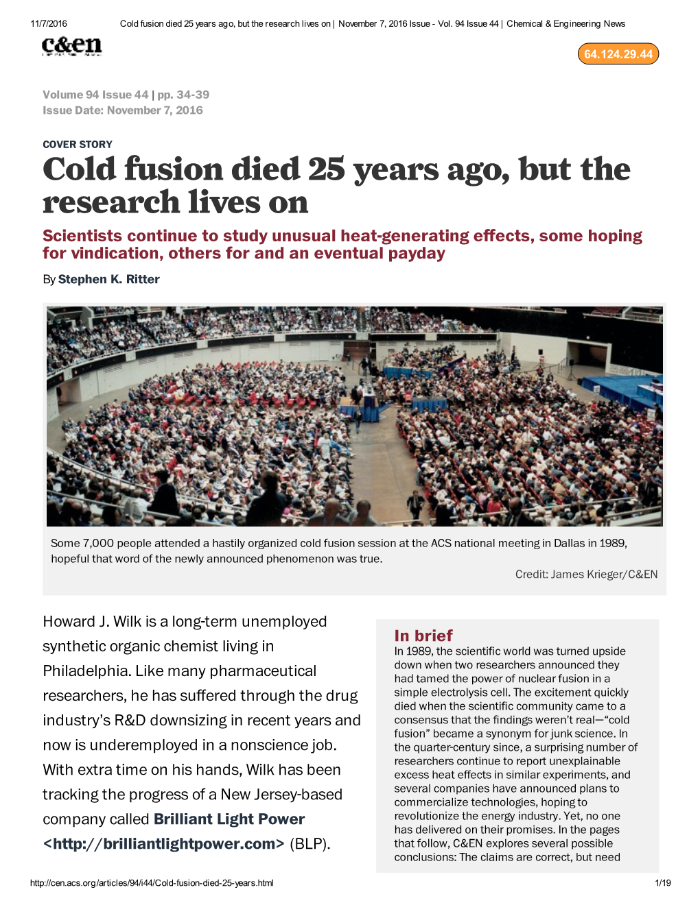 Cold Fusion Died 25 Years Ago, but the Research Lives on | November 7, 2016 Issue - Vol