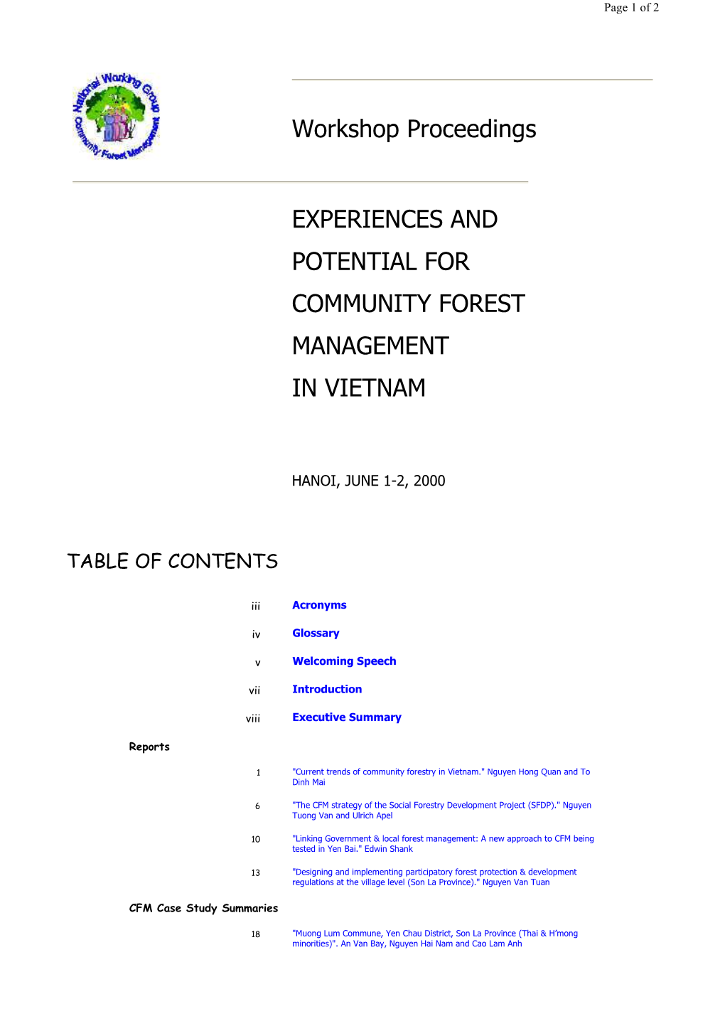 Workshop Proceedings EXPERIENCES and POTENTIAL for COMMUNITY FOREST MANAGEMENT in VIETNAM
