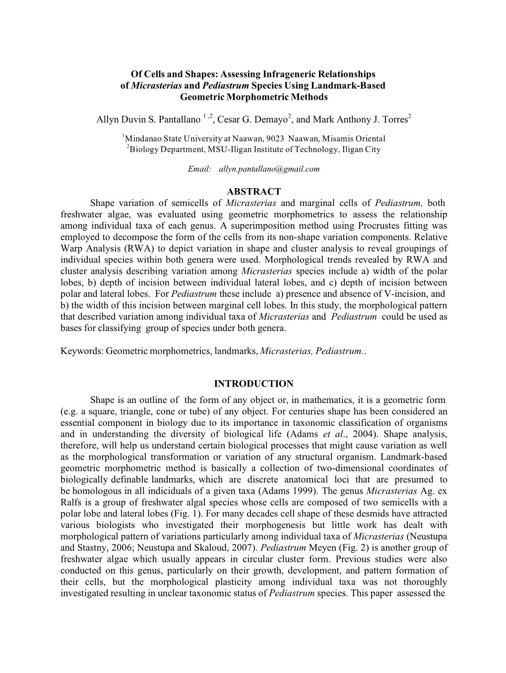 Assessing Infrageneric Relationships of Micrasterias and Pediastrum Species Using Landmark-Based Geometric Morphometric Methods