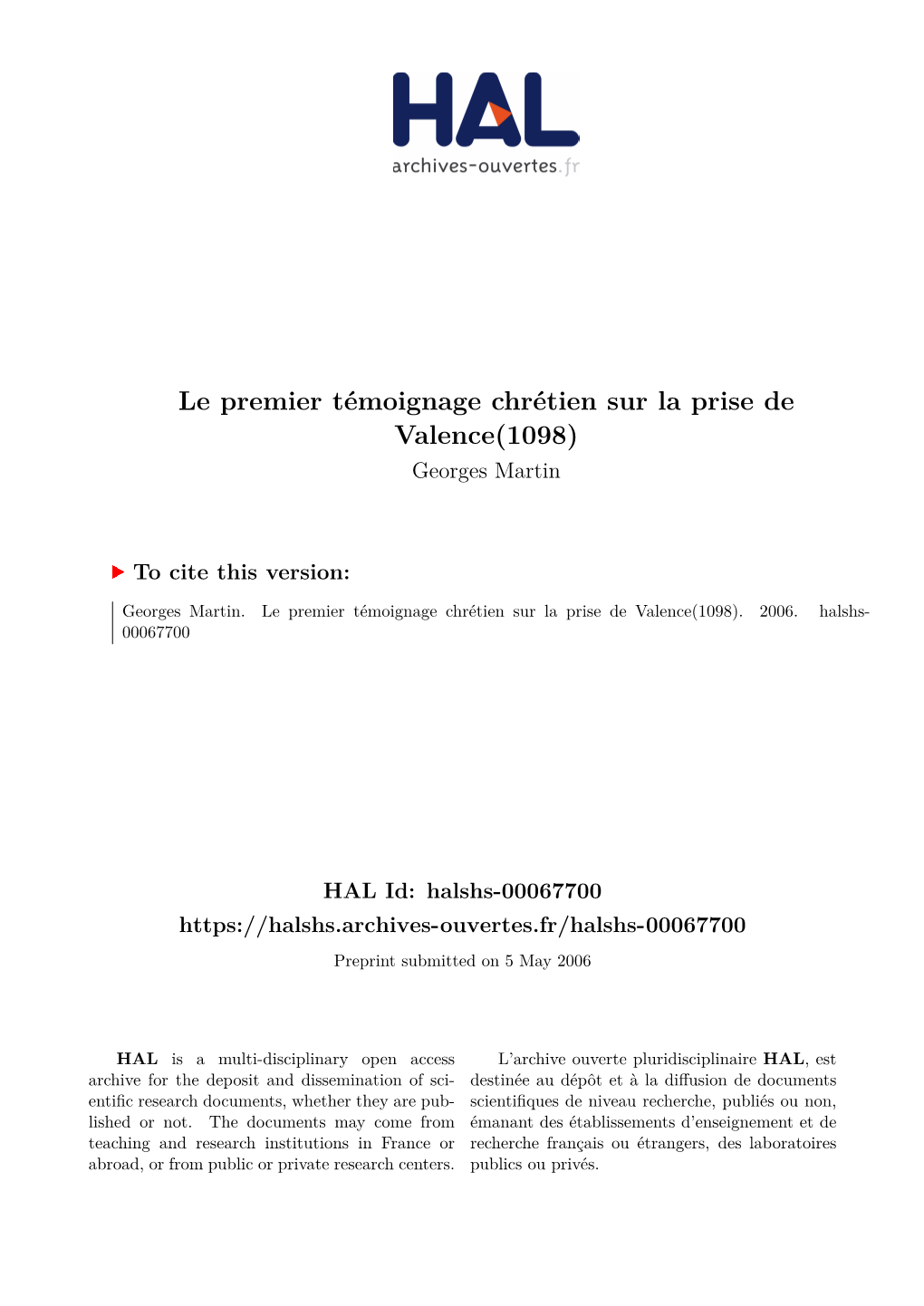Le Premier Témoignage Chrétien Sur La Prise De Valence(1098) Georges Martin