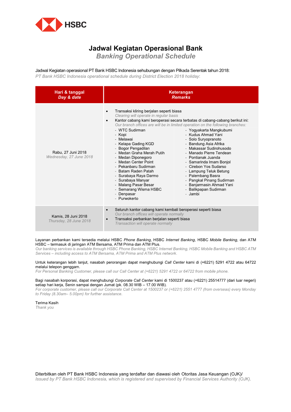 Jadwal Kegiatan Operasional Bank Banking Operational Schedule