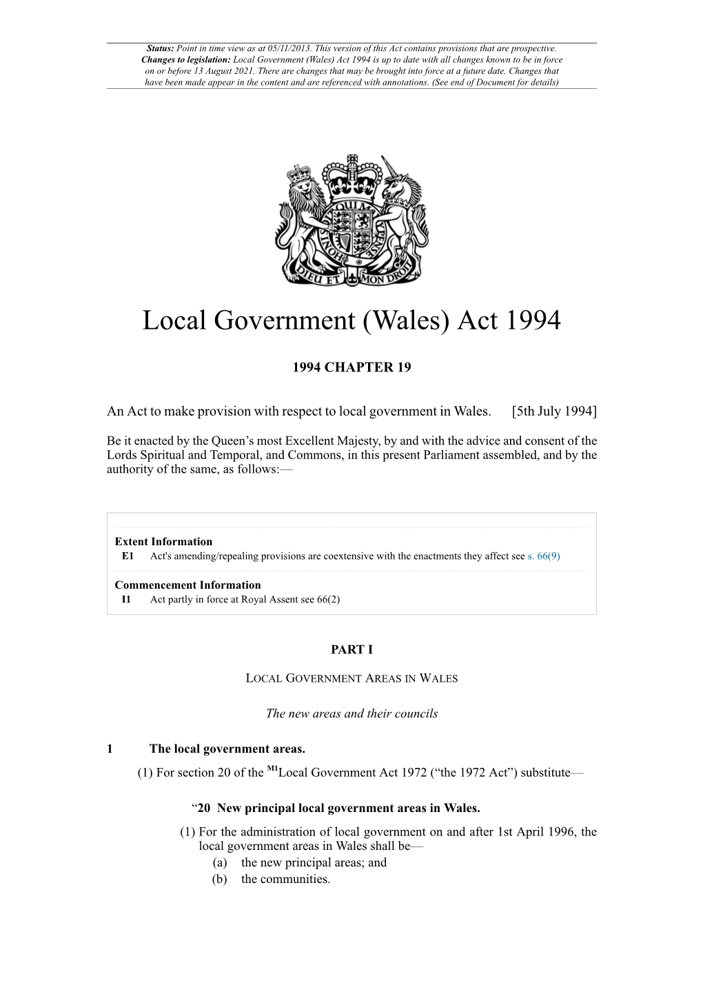 Local Government (Wales) Act 1994 Is up to Date with All Changes Known to Be in Force on Or Before 13 August 2021