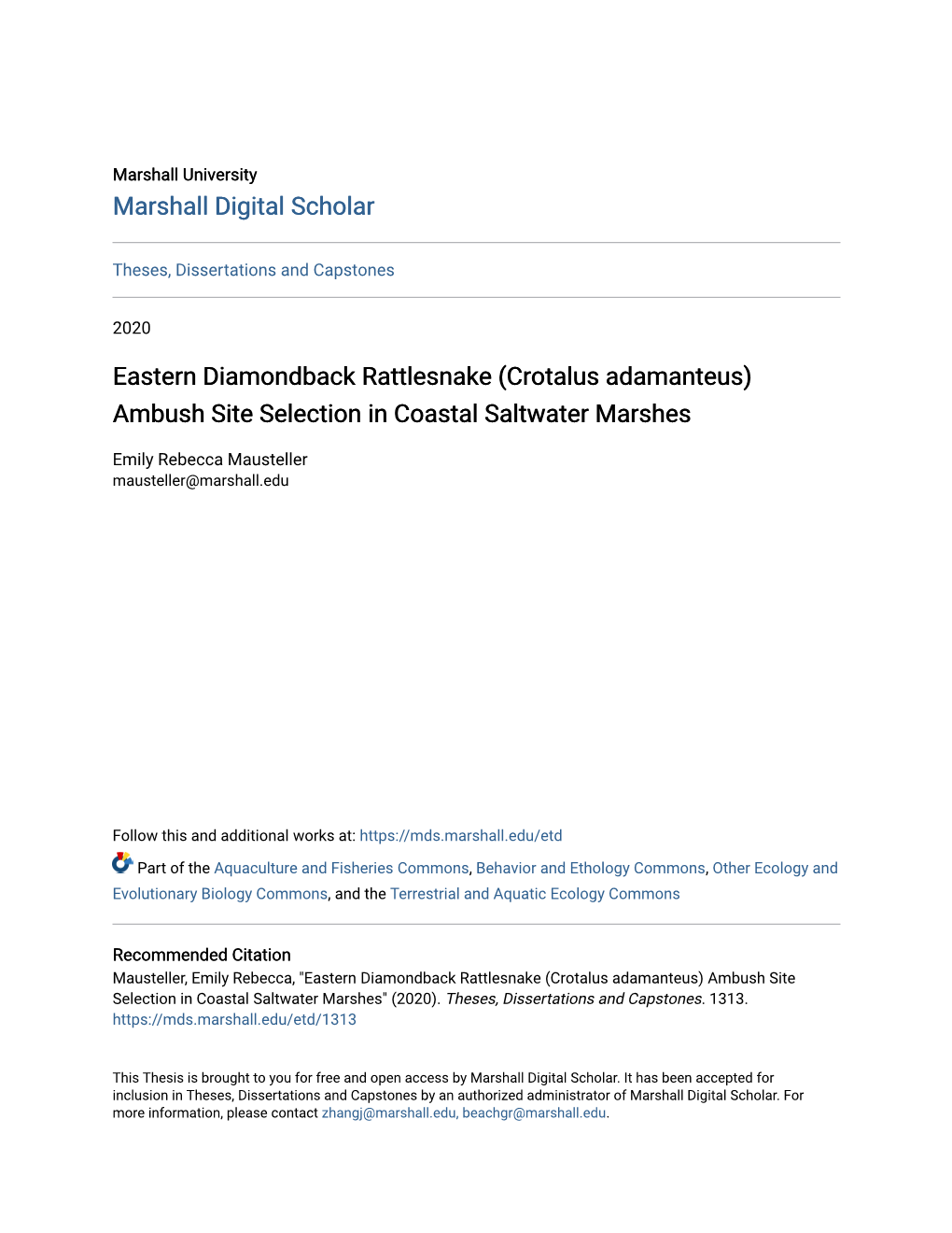 Eastern Diamondback Rattlesnake (Crotalus Adamanteus) Ambush Site Selection in Coastal Saltwater Marshes