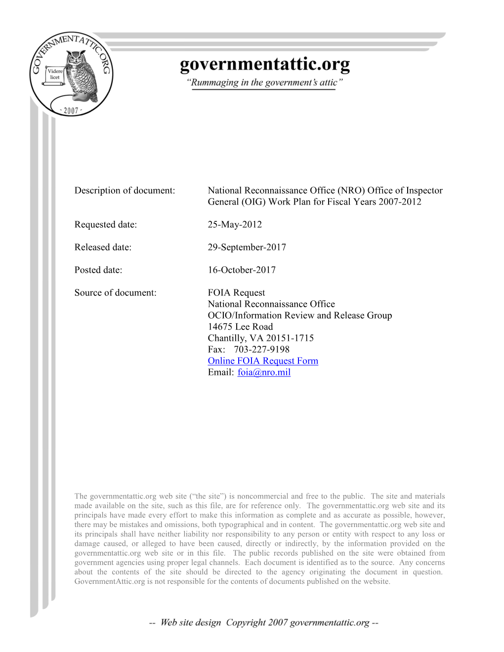 National Reconnaissance Office (NRO) Office of Inspector General (OIG) Work Plan for Fiscal Years 2007-2012