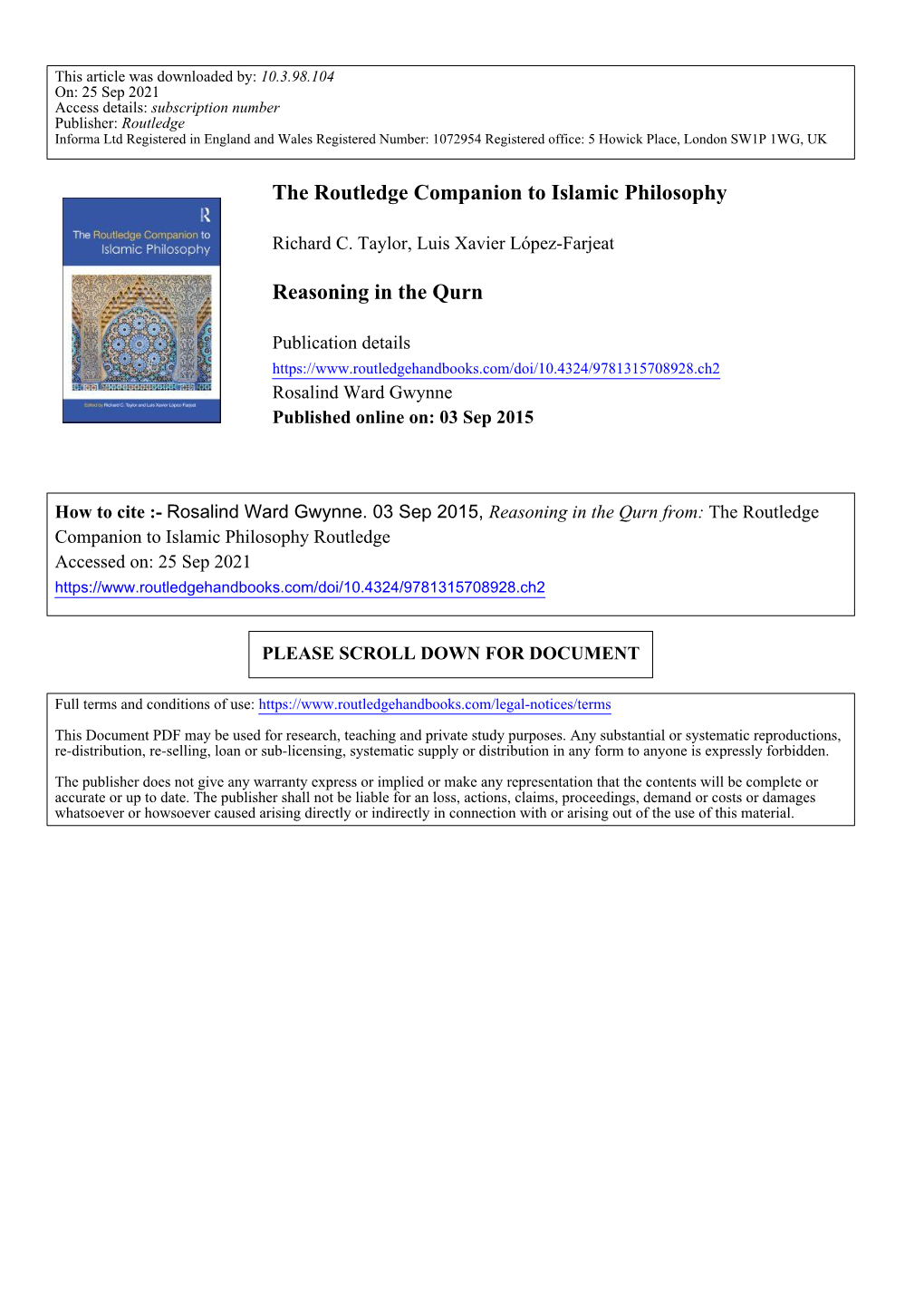 The Routledge Companion to Islamic Philosophy Reasoning in the Qurn