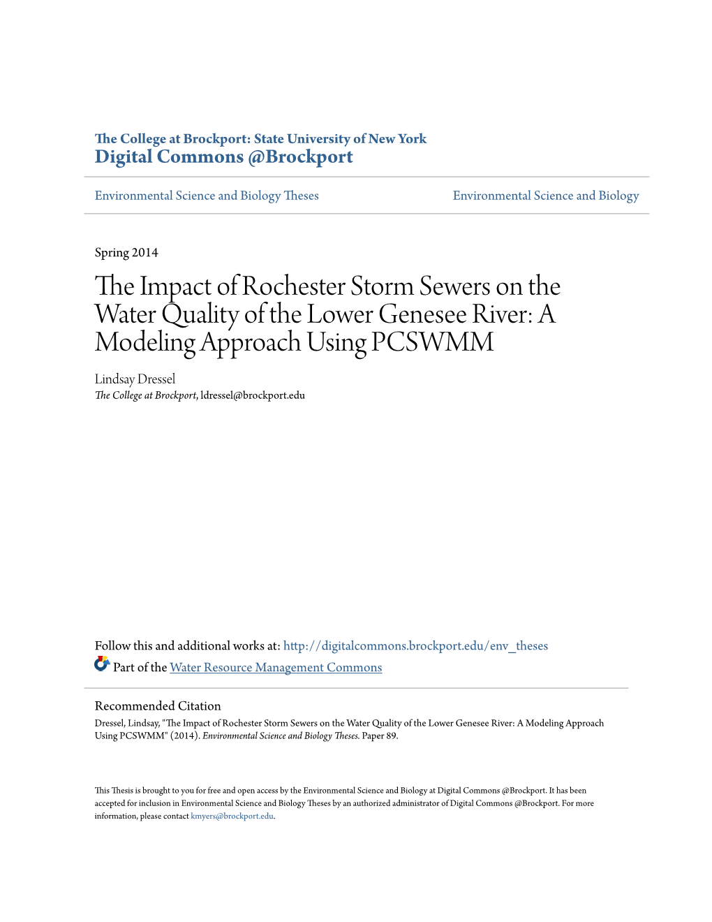 The Impact of Rochester Storm Sewers on the Water Quality of the Lower Genesee River: a Modeling Approach Using PCSWMM