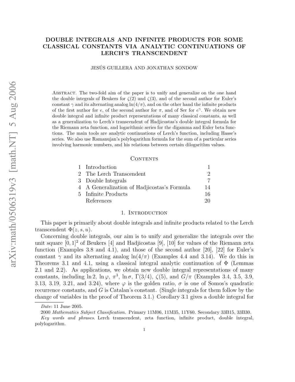 Arxiv:Math/0506319V3 [Math.NT] 5 Aug 2006 Eurnecntns and Constants, Recurrence .3 .9 .1 N .4,Where 3.24), and 3.21, 3.19, 3.13, Polylogarithm