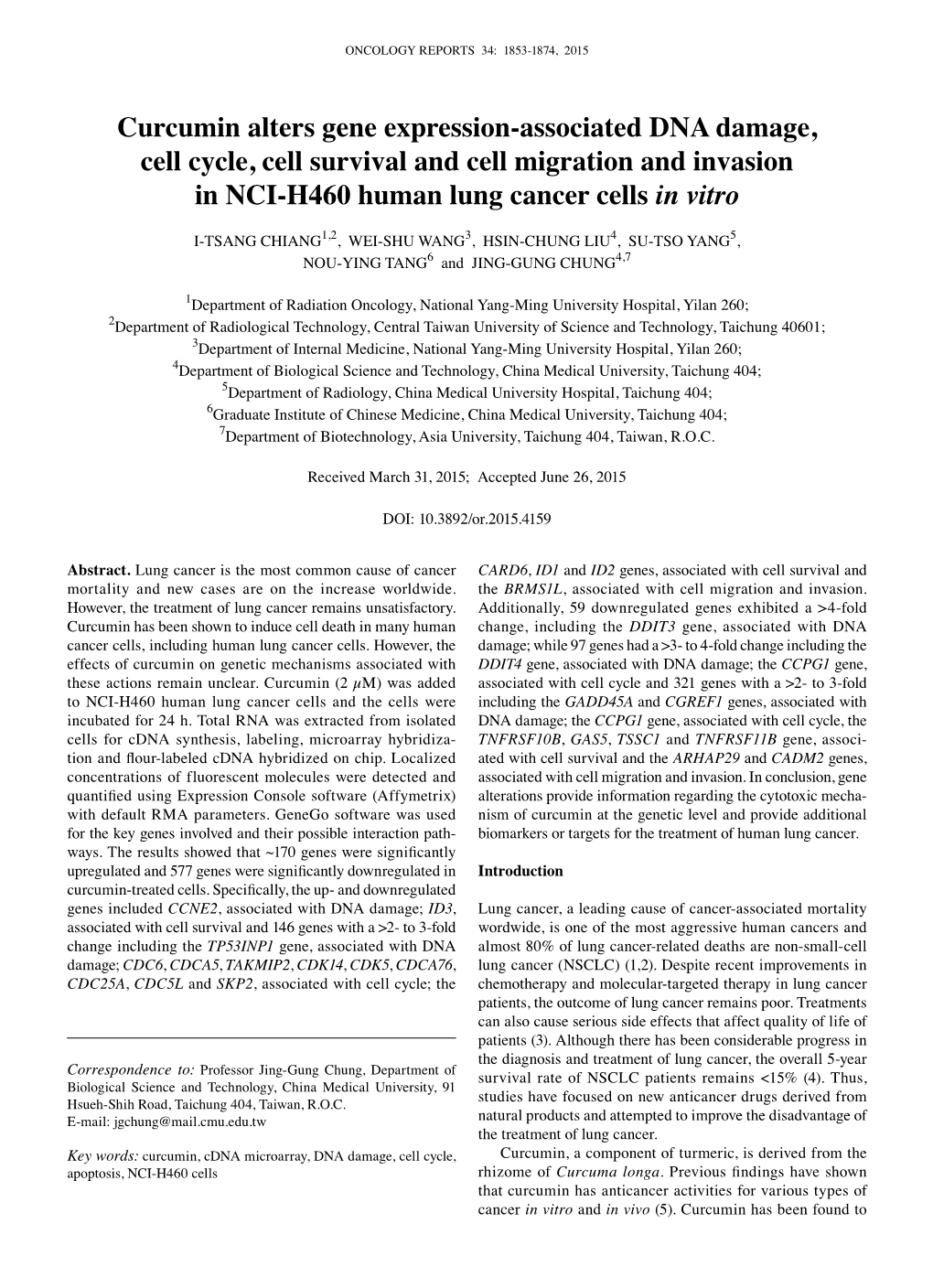 Curcumin Alters Gene Expression-Associated DNA Damage, Cell Cycle, Cell Survival and Cell Migration and Invasion in NCI-H460 Human Lung Cancer Cells in Vitro