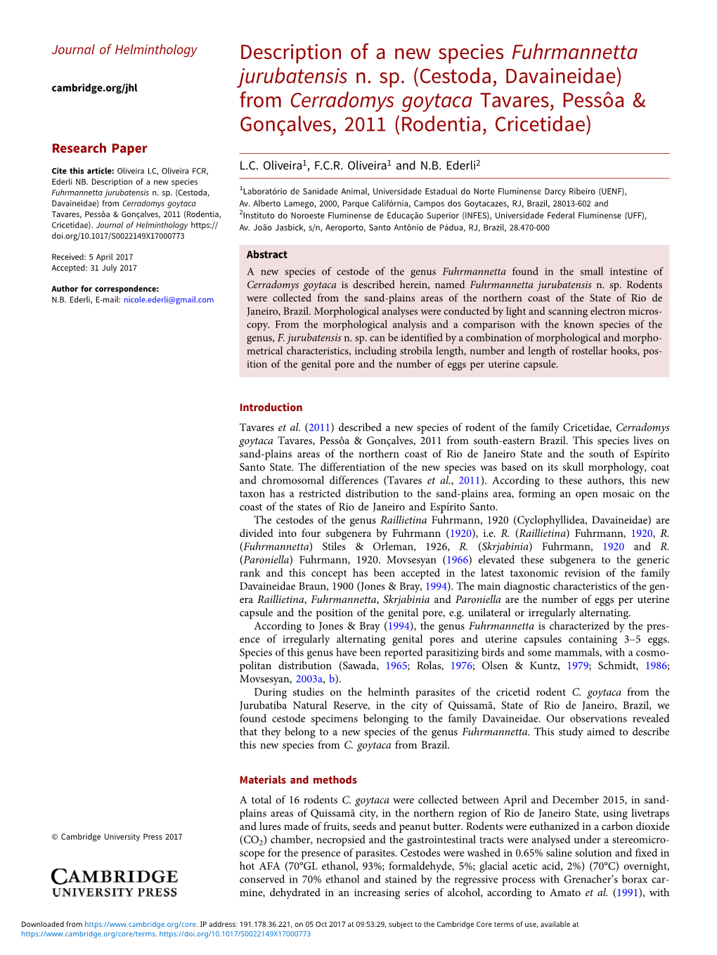 Description of a New Species Fuhrmannetta Jurubatensis N. Sp