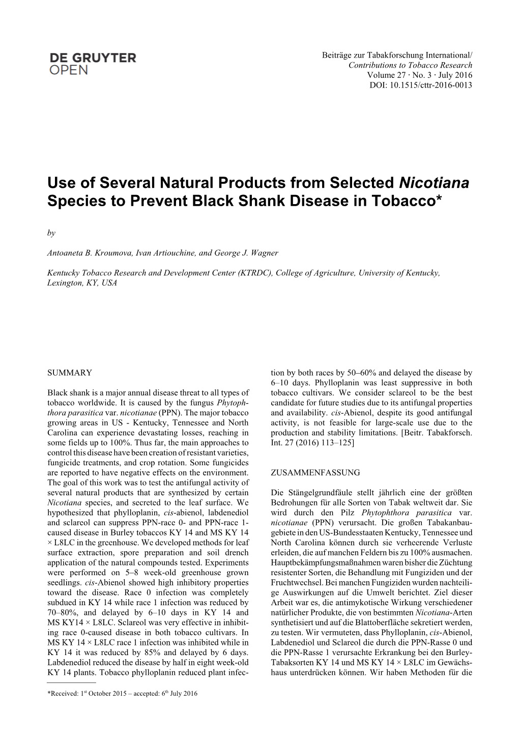 Use of Several Natural Products from Selected Nicotiana Species to Prevent Black Shank Disease in Tobacco* By