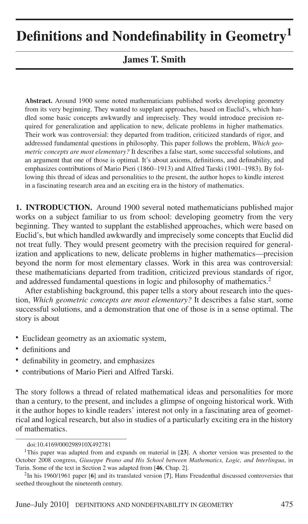 Definitions and Nondefinability in Geometry 475 2