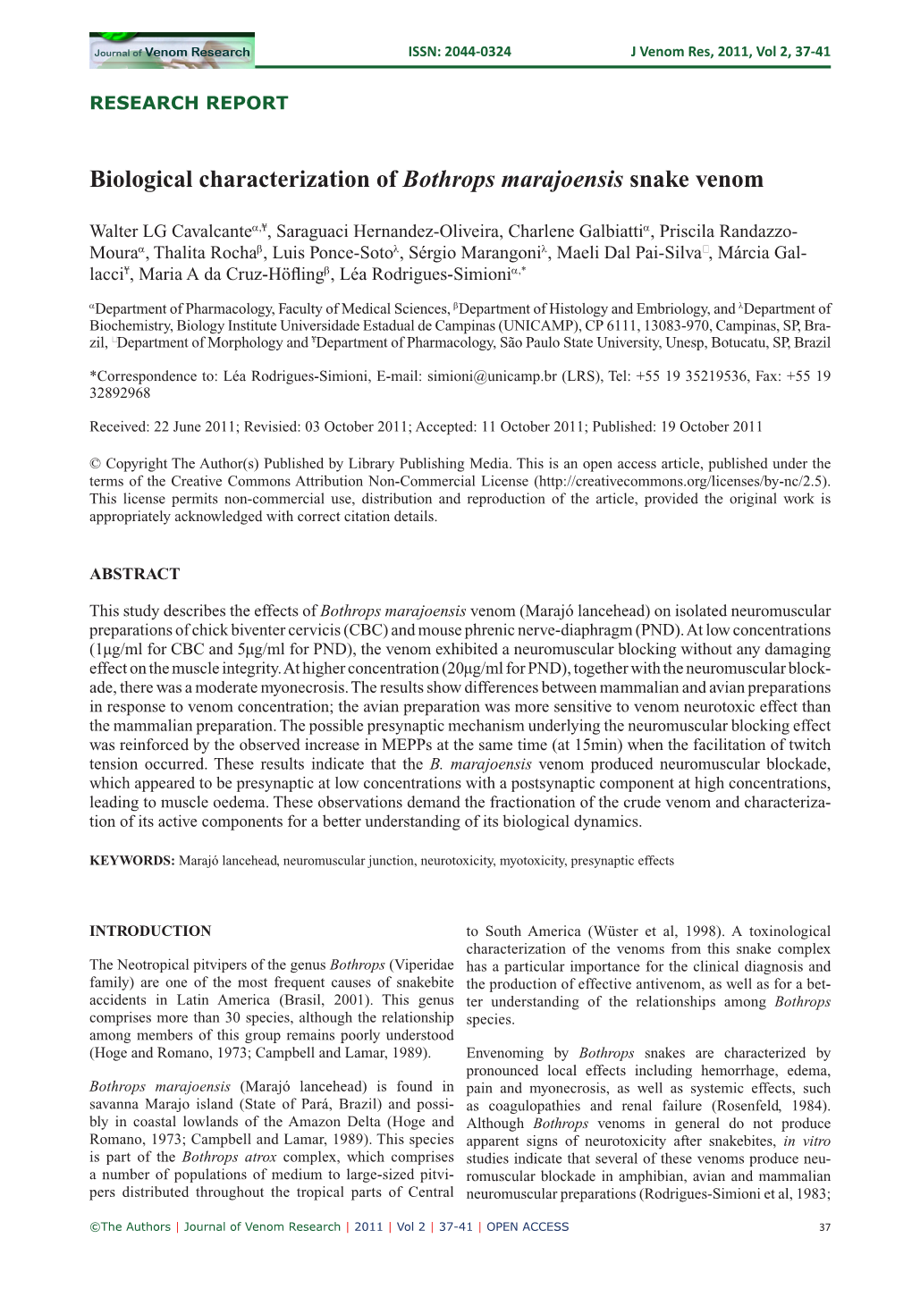 Biological Characterization of Bothrops Marajoensis Snake Venom