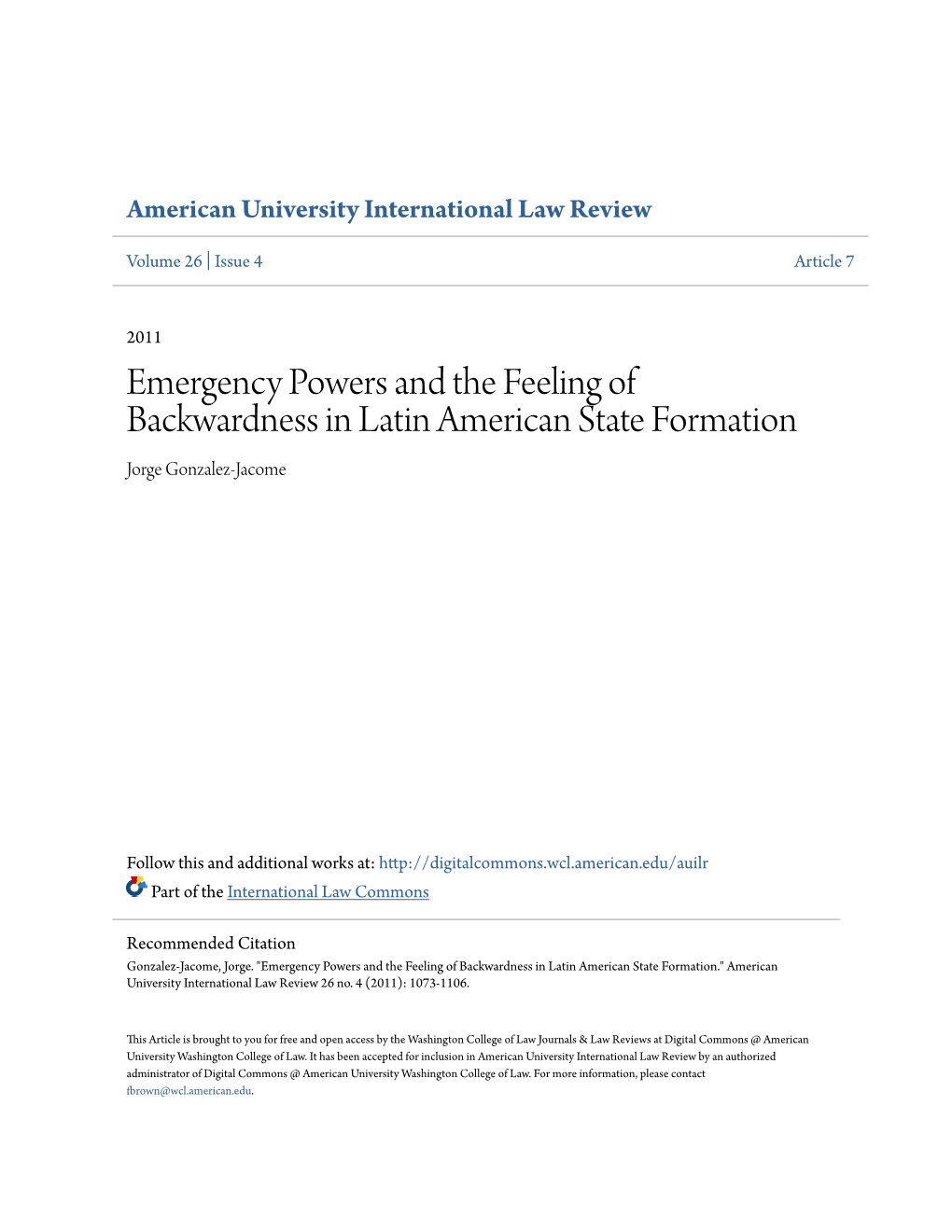 Emergency Powers and the Feeling of Backwardness in Latin American State Formation Jorge Gonzalez-Jacome