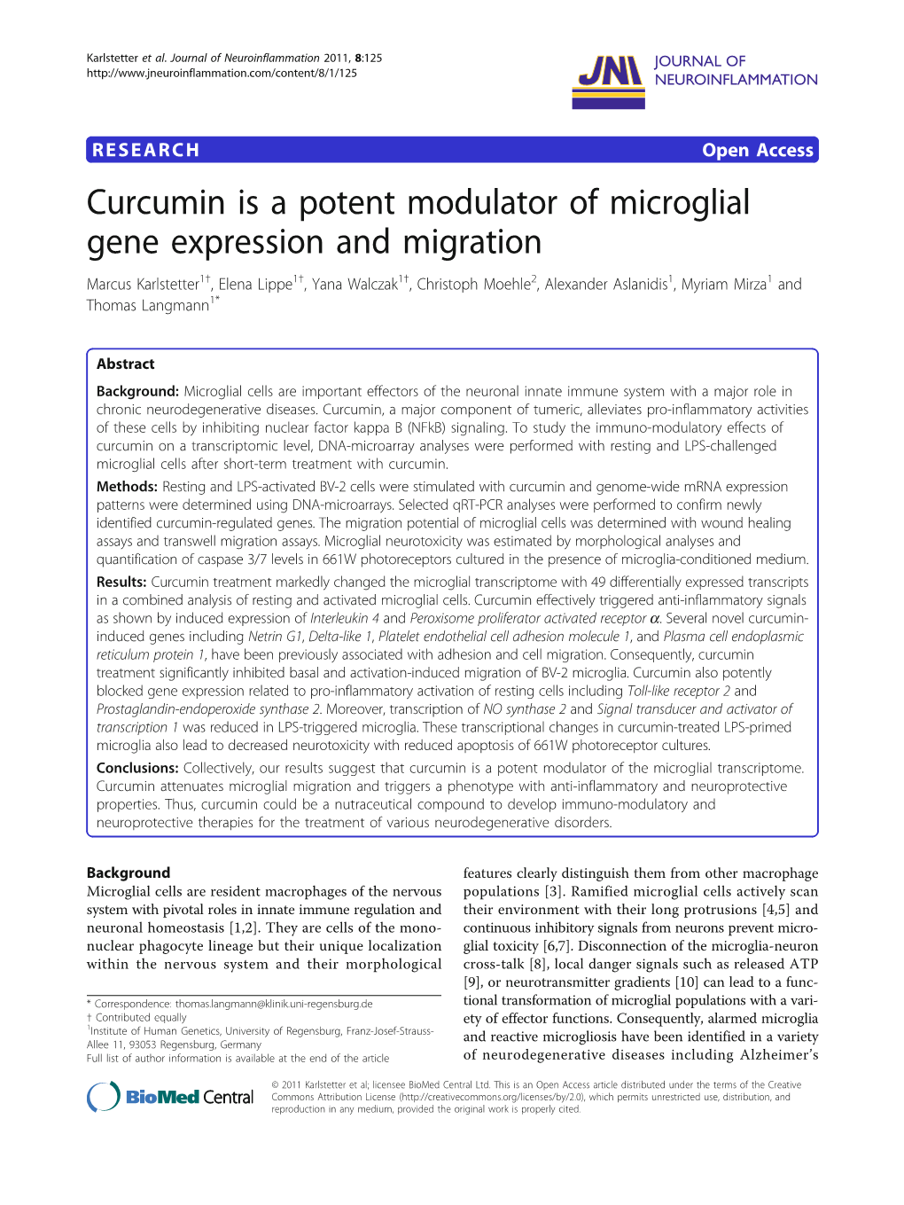 Curcumin Is a Potent Modulator of Microglial Gene Expression And