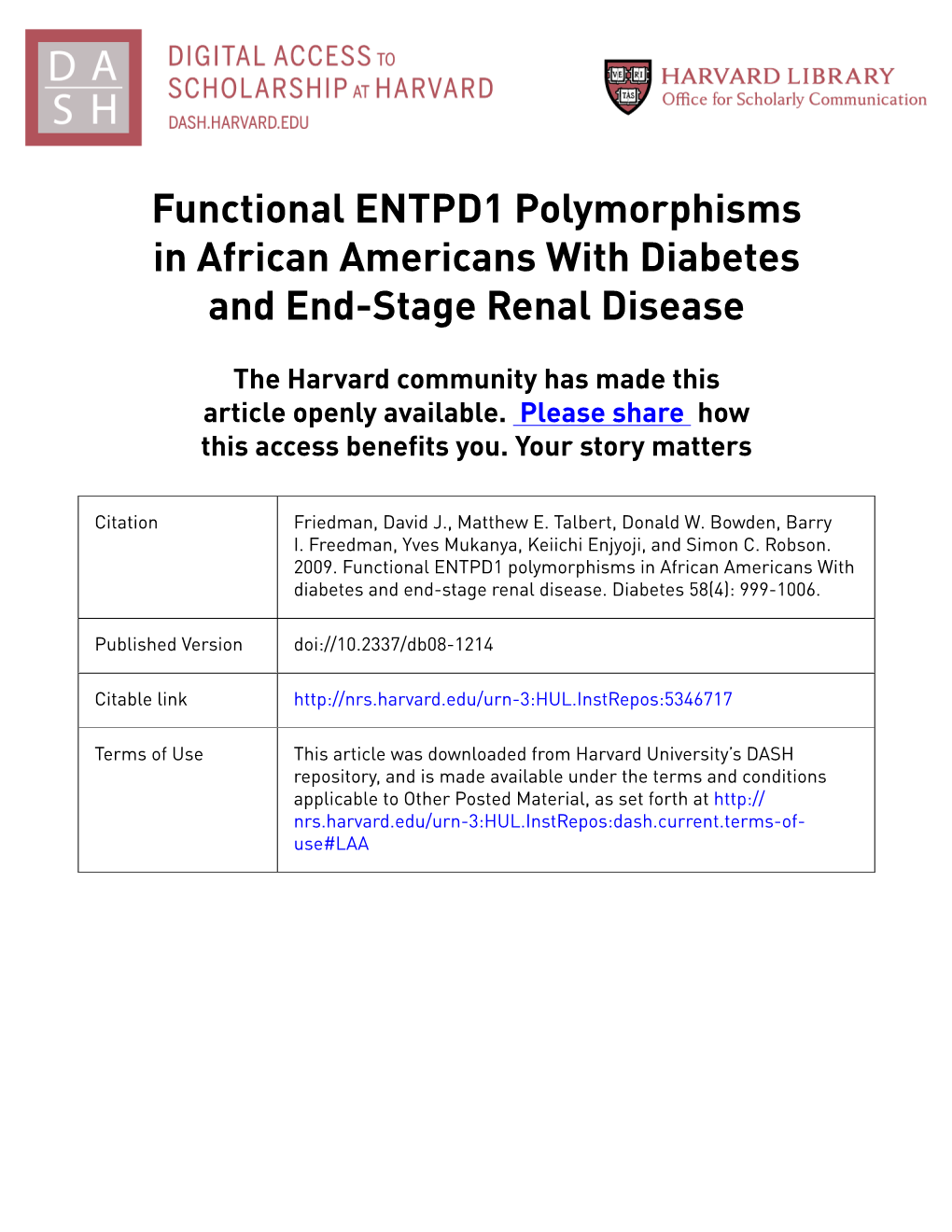 Functional ENTPD1 Polymorphisms in African Americans with Diabetes and End-Stage Renal Disease