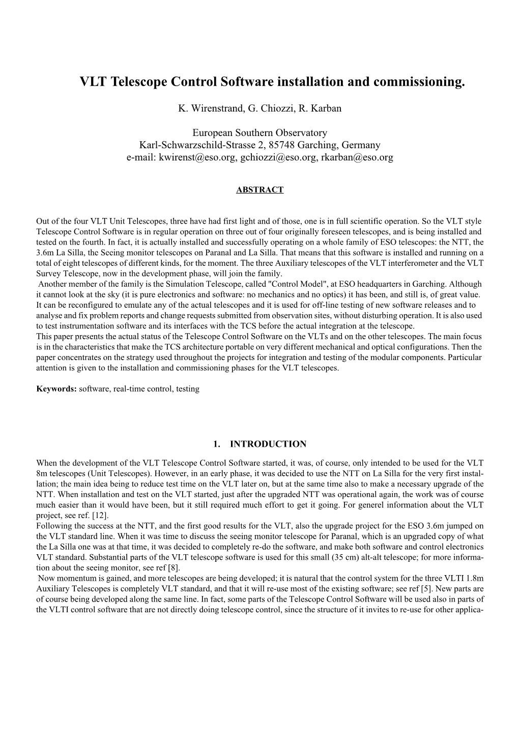 VLT Telescope Control Software Installation and Commissioning (Pdf