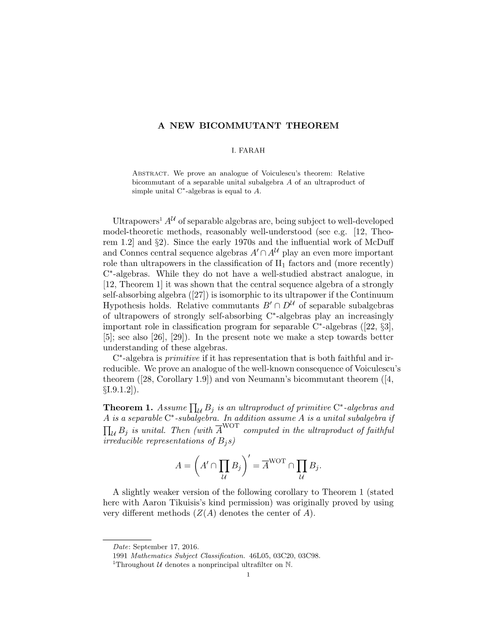 A NEW BICOMMUTANT THEOREM Ultrapowers1 AU of Separable