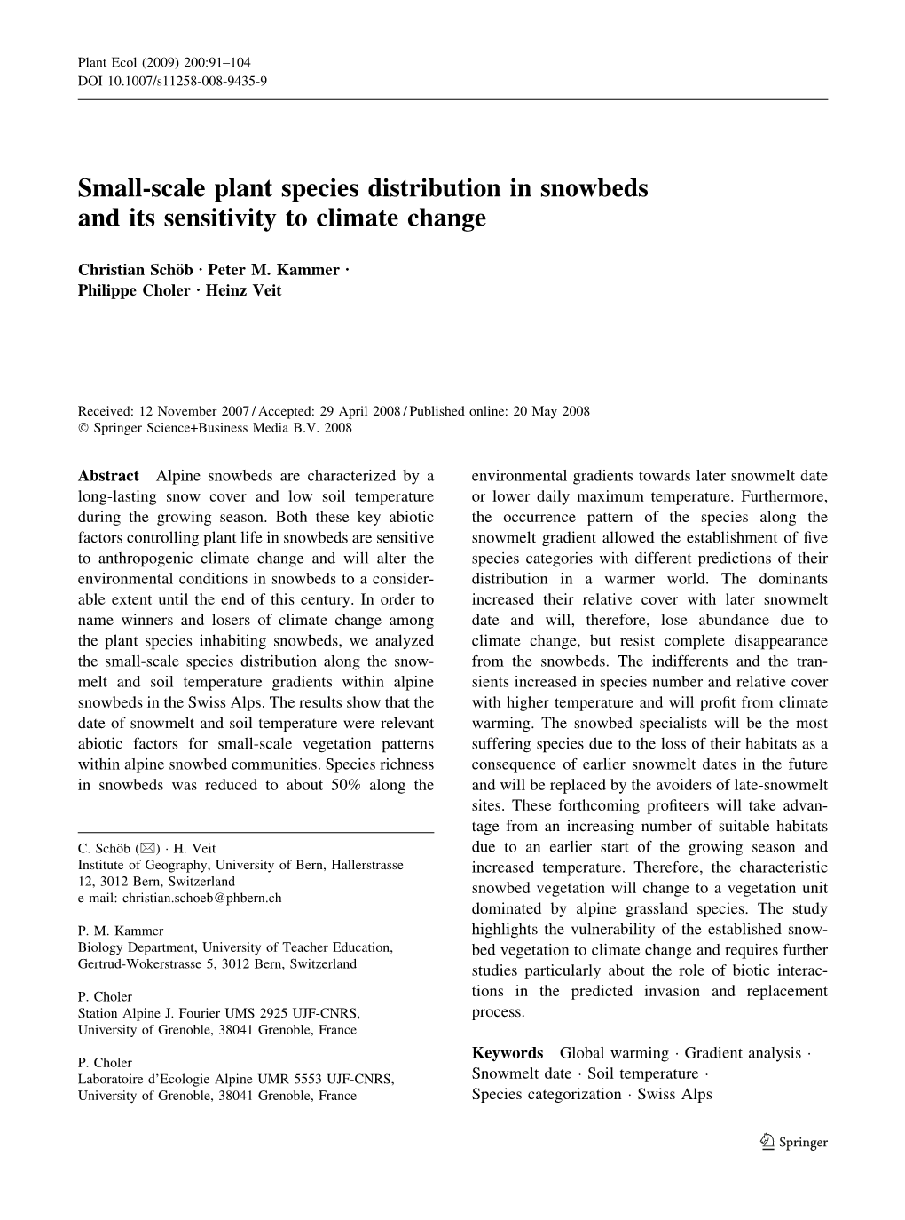 Small-Scale Plant Species Distribution in Snowbeds and Its Sensitivity to Climate Change