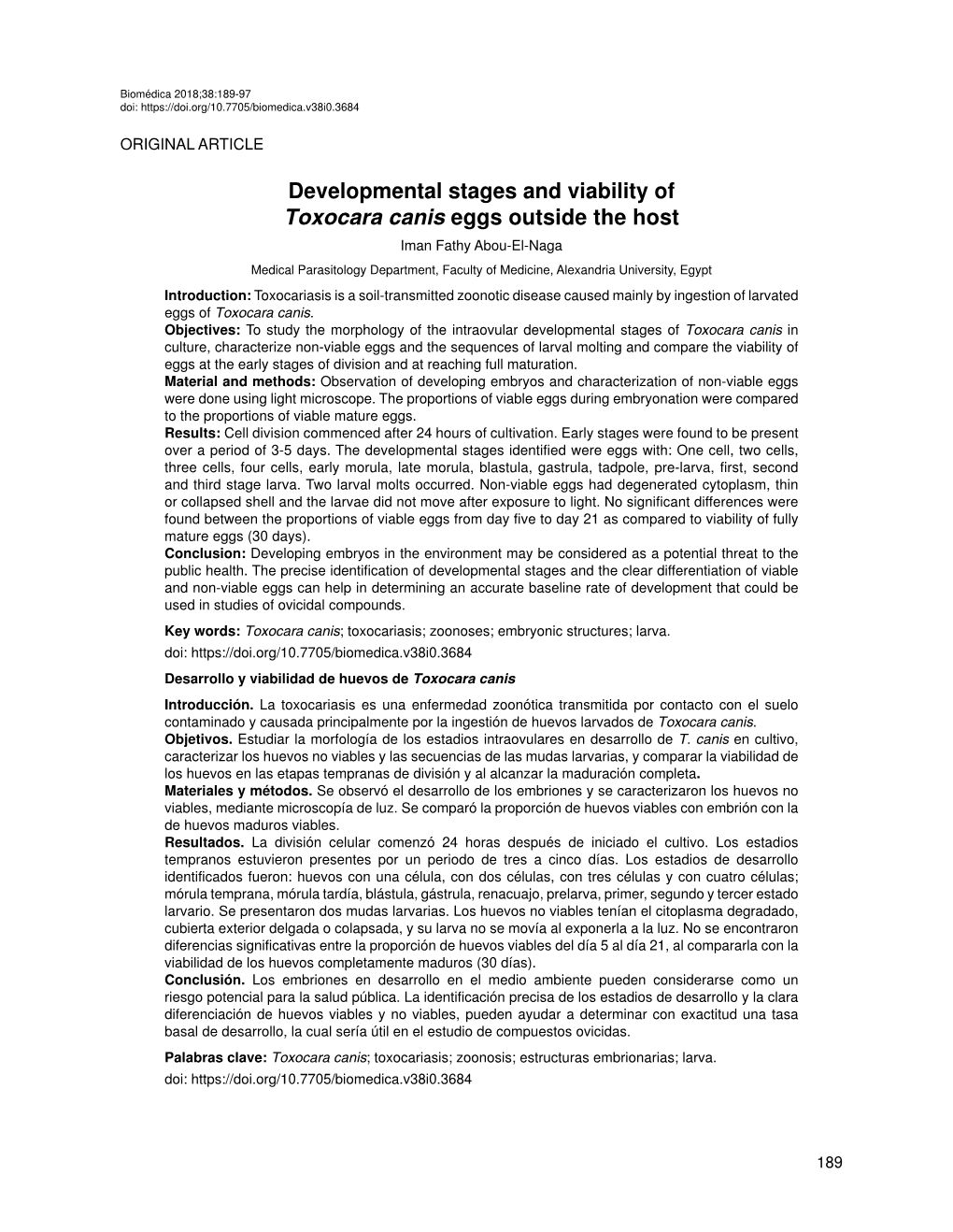 Developmental Stages and Viability of Toxocara Canis Eggs Outside the Host