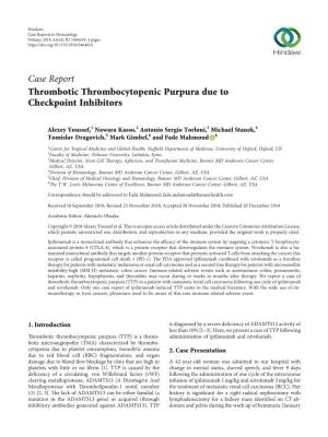 Thrombotic Thrombocytopenic Purpura Due to Checkpoint Inhibitors