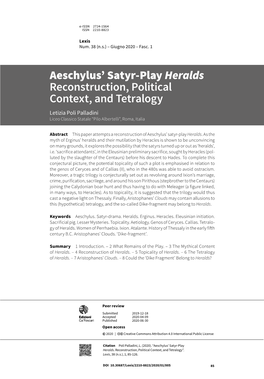 Aeschylus' Satyr-Play Heralds Reconstruction, Political Context, and Tetralogy