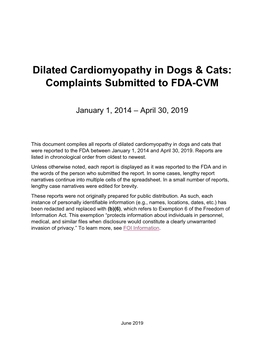 Canine Dilated Cardiomyopathy Complaints Submitted to FDA-CVM Through April 30, 2019 Page 1 of 77