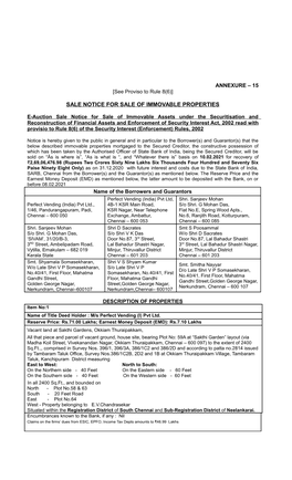 Sale Notice for Sale of Immovable Properties