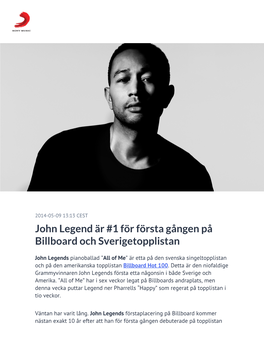 John Legend Är #1 För Första Gången På Billboard Och Sverigetopplistan