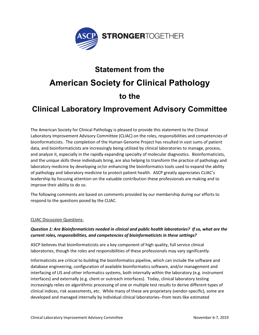 American Society for Clinical Pathology to the Clinical Laboratory Improvement Advisory Committee