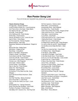 Ron Poster Song List If You Do Not See Your Requested Song, Please Ask: Music@Musicmanage.Com