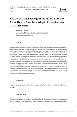 The Combat Archaeology of the Fifth-Century BC Kopis: Hoplite Swordsmanship in the Archaic and Classical Periods