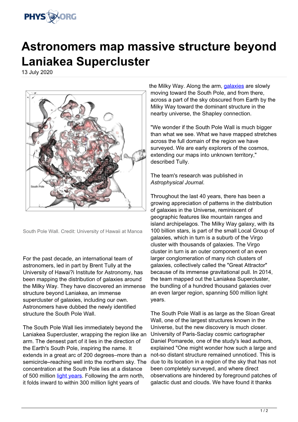 Astronomers Map Massive Structure Beyond Laniakea Supercluster 13 July 2020