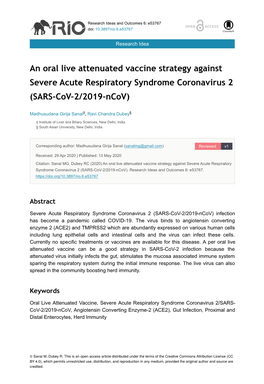 An Oral Live Attenuated Vaccine Strategy Against Severe Acute Respiratory Syndrome Coronavirus 2 (SARS-Cov-2/2019-Ncov)