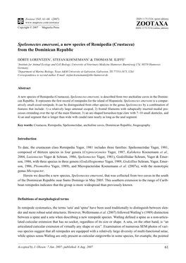 Zootaxa,Speleonectes Emersoni, a New Species of Remipedia