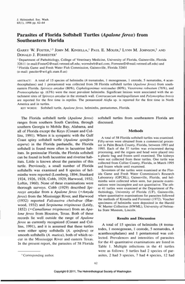 Parasites of Florida Softshell Turtles (Apalone Ferox} from Southeastern Florida