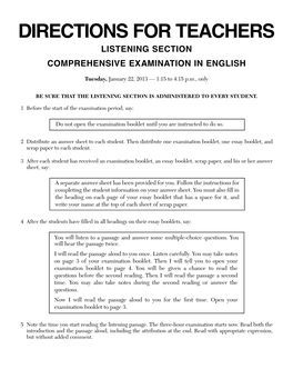Directions for Teachers Listening Section Comprehensive Examination in English