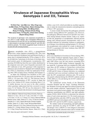 Virulence of Japanese Encephalitis Virus Genotypes I and III, Taiwan
