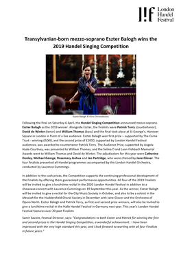 Transylvanian-Born Mezzo-Soprano Eszter Balogh Wins the 2019 Handel Singing Competition