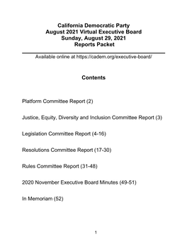 California Democratic Party August 2021 Virtual Executive Board Sunday, August 29, 2021 Reports Packet