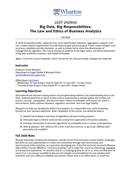 LGST 242/642 Big Data, Big Responsibilities: the Law and Ethics of Business Analytics