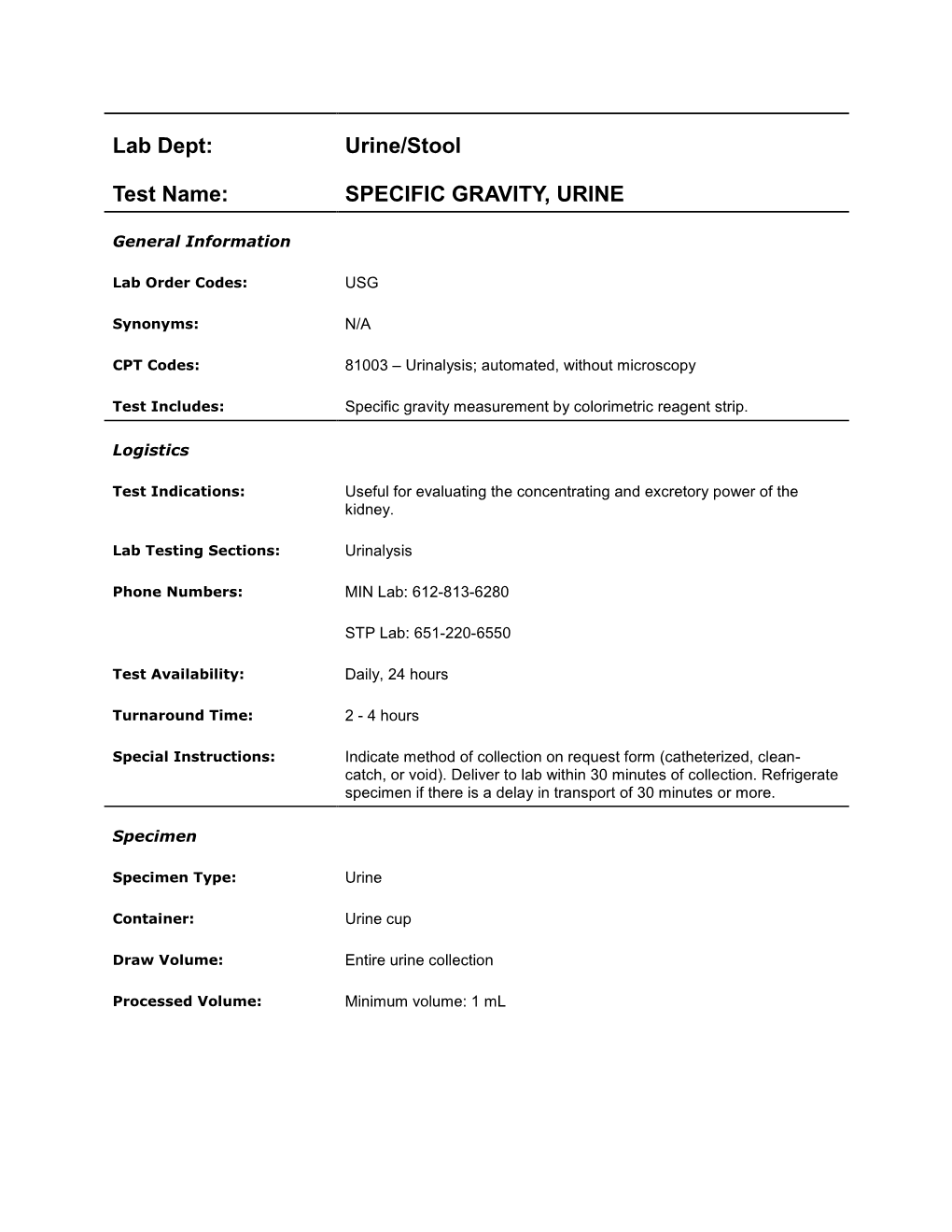 Specific Gravity, Urine