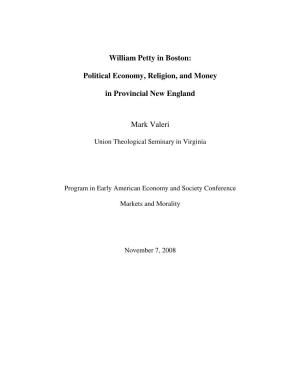 William Petty in Boston: Political Economy, Religion, and Money In