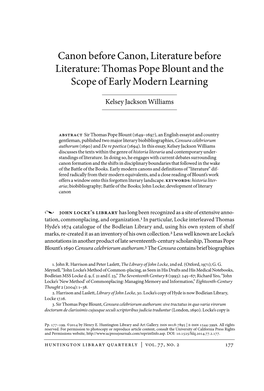 Thomas Pope Blount and the Scope of Early Modern Learning