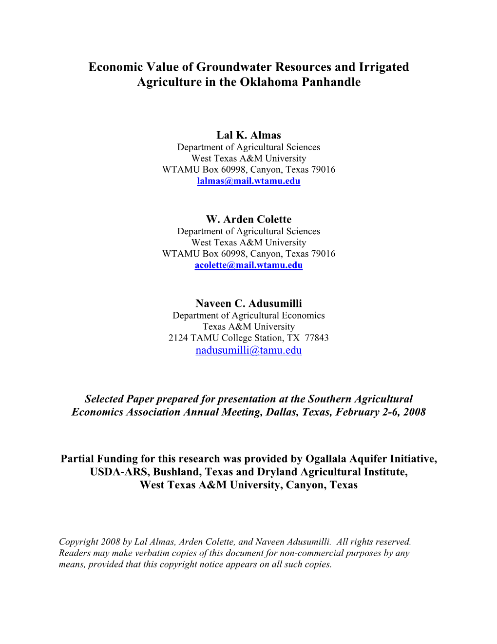 Economic Value of Groundwater Resources and Irrigated Agriculture in the Oklahoma Panhandle