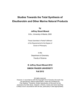 Studies Towards the Total Synthesis of Eleutherobin and Other Marine Natural Products